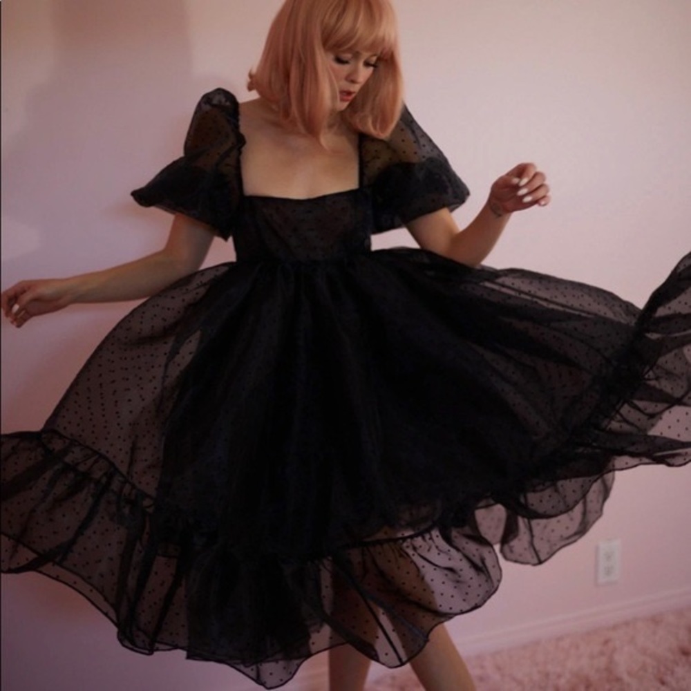 Selkie French Puff dress in black swiss dot